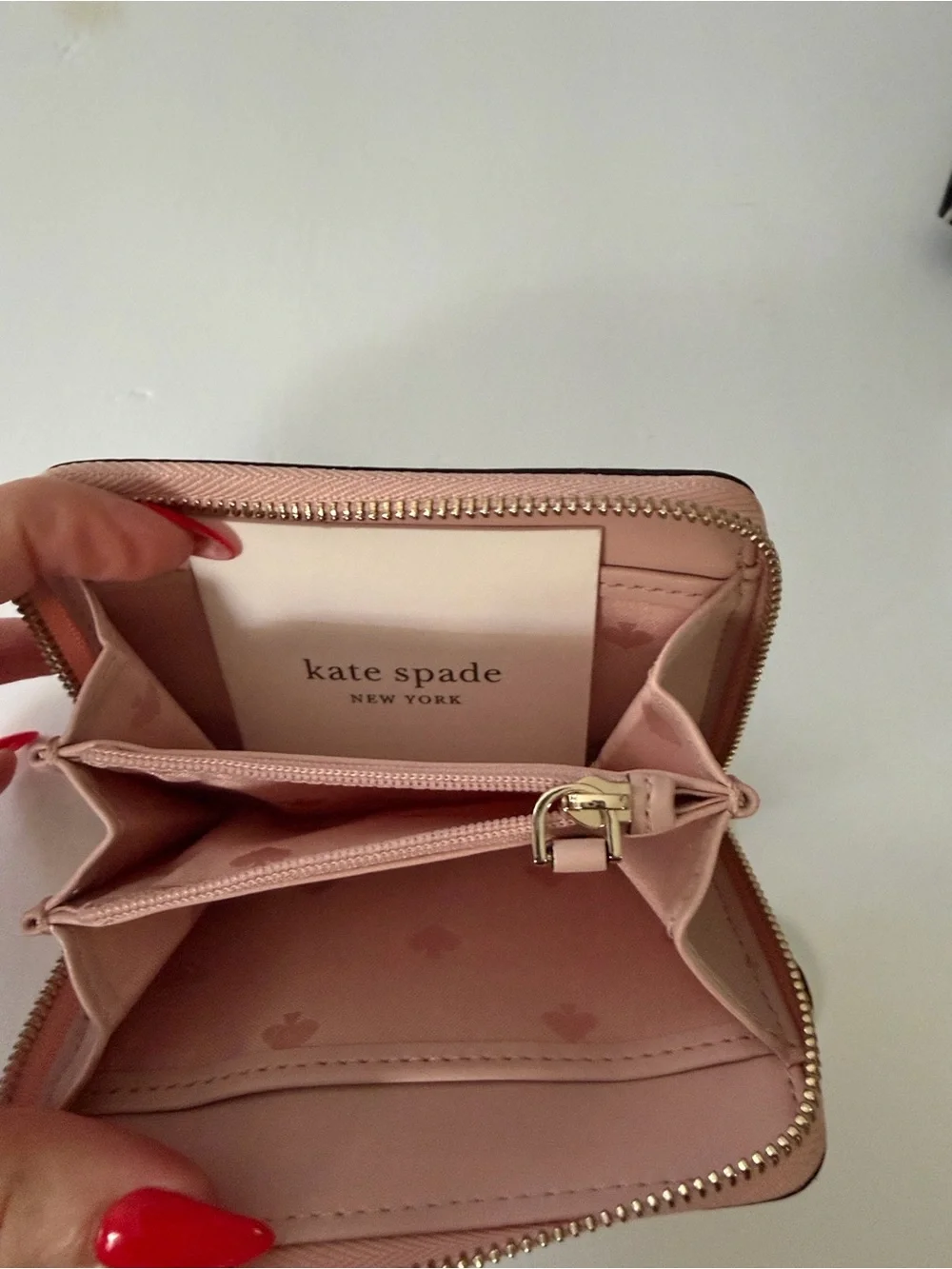 kate spade Pink and Black Leather Zip Card Wallet with Gold Keyring
